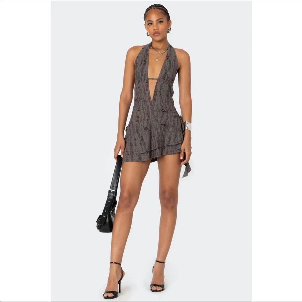 Edikted Shredded Backless Halter Mini Dress